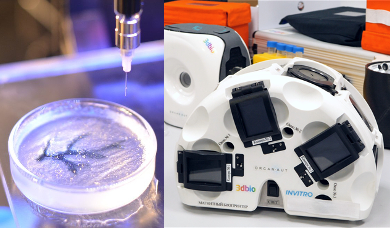 3D printing an artery (left) and the magnetic bioprinter, called Organ.Avt heading to the ISS next month. Images: Carnegie Mellon University/3D Bioprinting Solutions