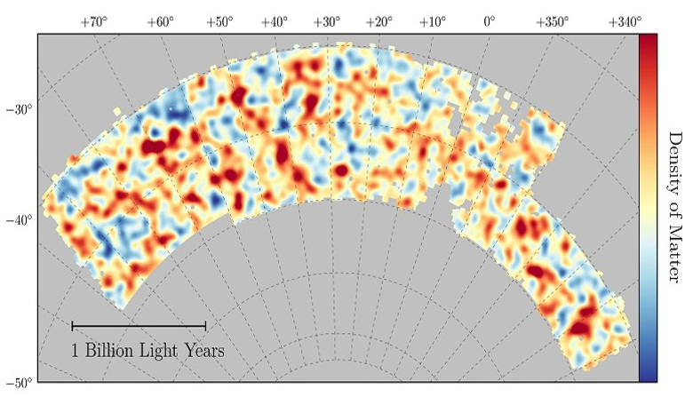 Map of dark matter made from gravitational lensing measurements of 26 million galaxies in the Dark Energy Survey. Red regions have more dark matter than average, blue regions less dark matter. Image: Chihway Chang/University of Chicago/DES collaboration
