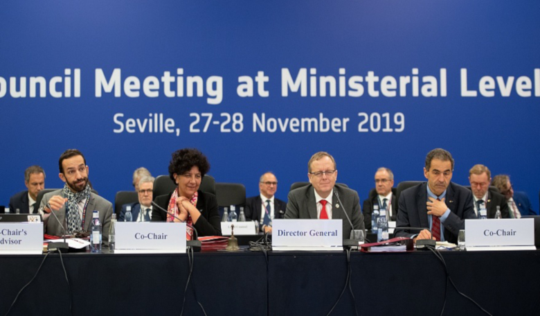 ESA Director General Jan Woerner at the Space19+ ministerial meeting seated next to cochairs Frédérique Vidal and Manuel Heitor. Image: ESA/S. Corvaja