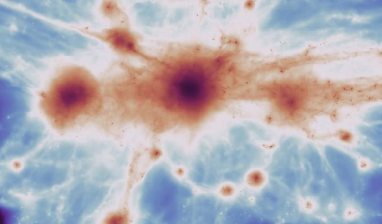 An image showing filaments in a massive galaxy cluster using the C-EAGLE simulation. Image: Joshua Borrow