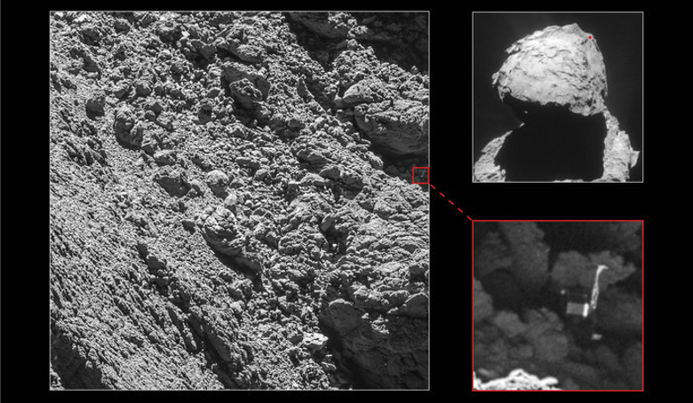 Rosetta’s lander Philae has been identified in OSIRIS narrow-angle camera images taken on 2 September 2016 from a distance of 2.7 km. The image scale is about 5 cm/pixel. Image: ESA/Rosetta/MPS for OSIRIS Team 