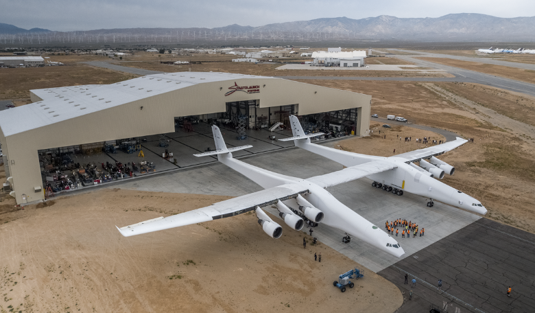 The Stratolaunch carrier aircraft that was rolled out of its hangar for the first time last week. Image: Stratolaunch