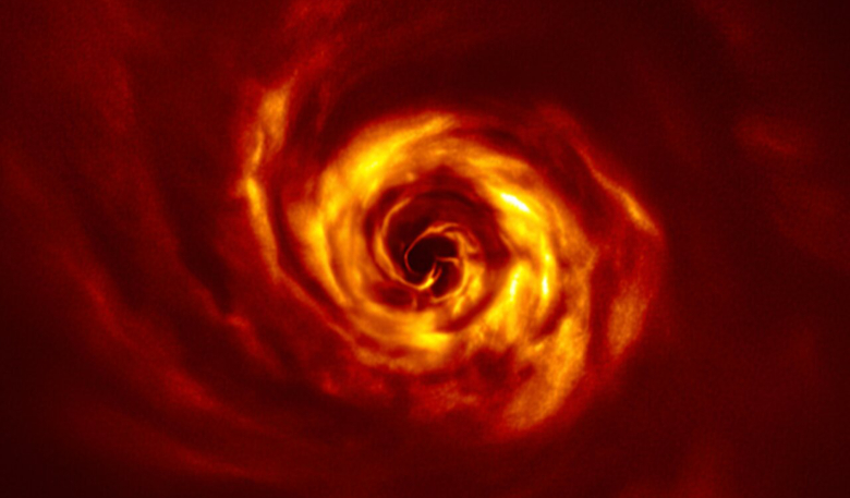 The twist marks the spot. This image shows the disc around the young AB Aurigae star, where ESO’s Very Large Telescope (VLT) has spotted signs of planet birth in the bright yellow inner region. Image: ESO/Boccaletti et al.