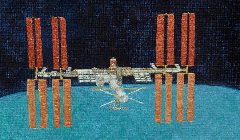 The International Space Station as seen from the Space Shuttle Discovery during the STS-133 departure - an original oil and acrylics painting by Nicole Stott (Spacecraft Collection)