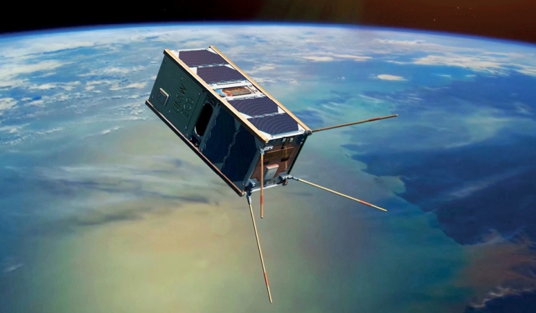 Illustration of the UNSW-EC0 cubesat in orbit above Earth.