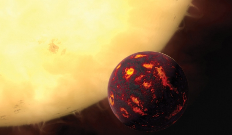 Artist’s impression of the super-Earth 55 Cancrie in front of its parent star.