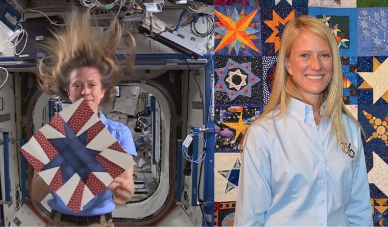 Left: Astronaut/Artist Karen Nyberg, ISS Expedition 37, shares her star quilt block. Right: Astronaut/Artist Karen Nyberg with the completed AstroBlock Quilt Challenge quilt that incorporates her star block in the centre.
