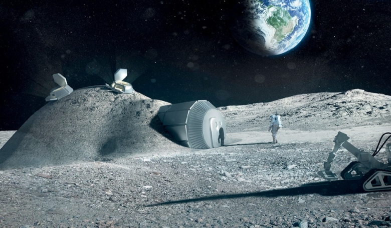 Multi-dome lunar base being constructed, based on the 3D printing concept. Once assembled, the inflated domes are covered with a layer of 3D-printed lunar regolith by robots to help protect the occupants against space radiation and micrometeoroids.