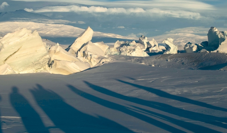 Pressure ridges near McMurdo station in Antarctica, where the ARIANNA logistics base is located. Pressure ridges occur when the annually forming sea ice pushes into the permanent ice of Antarctica.