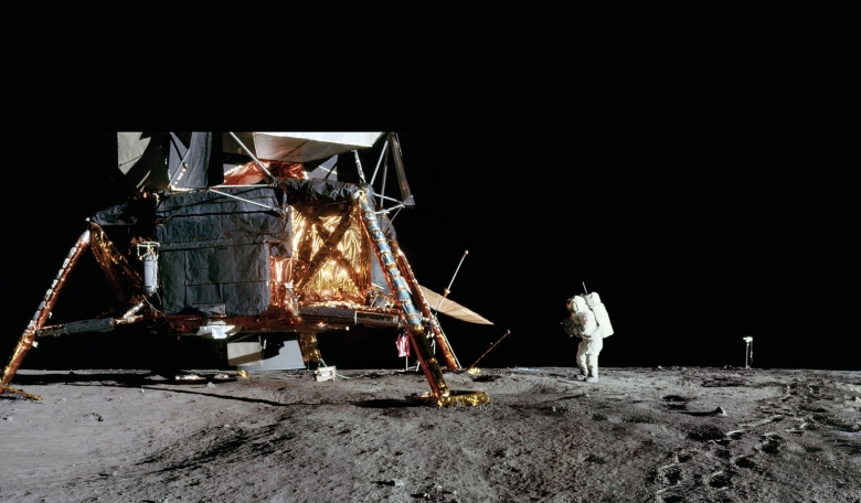 Pete Conrad ventured a short way down inside Surveyor Crater to get into position for this shot, known as the 8 o’clock panorama because of the angle it was taken from relative to the lunar module’s front hatch.