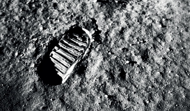 A first off-world step, imprinted in the jagged lunar soil, photographed on July 20, 1969 in the region known as the Sea of Tranquility.