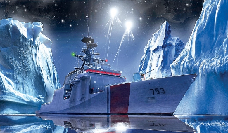 Artist’s concept of a US Coast Guard cutter illuminating Arctic icebergs.