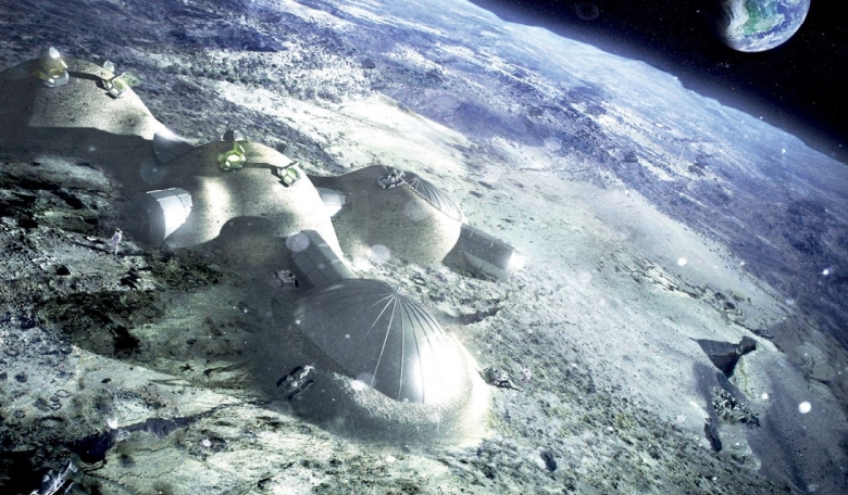 Multi-dome lunar base being constructed based on the 3D printing concept. Once assembled, the inflated domes are covered with a layer of 3D-printed lunar regolith by robots to help protect the occupants against space radiation and micrometeoroids.