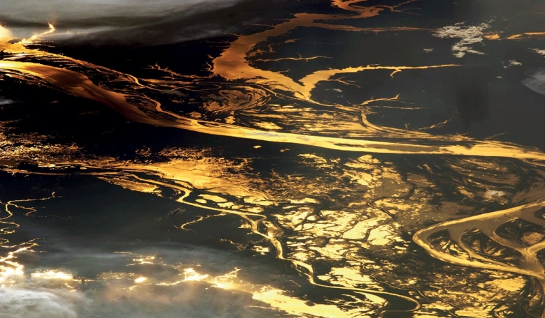 The setting sun glints off the Amazon river and numerous lakes in its floodplain in this photograph from the ISS.