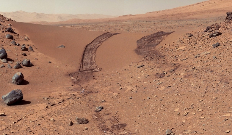 Looking back over a martian dune from NASA’s Curiosity rover.