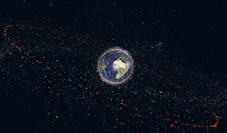 A computer-generated visualisation of space debris surrounding Earth.