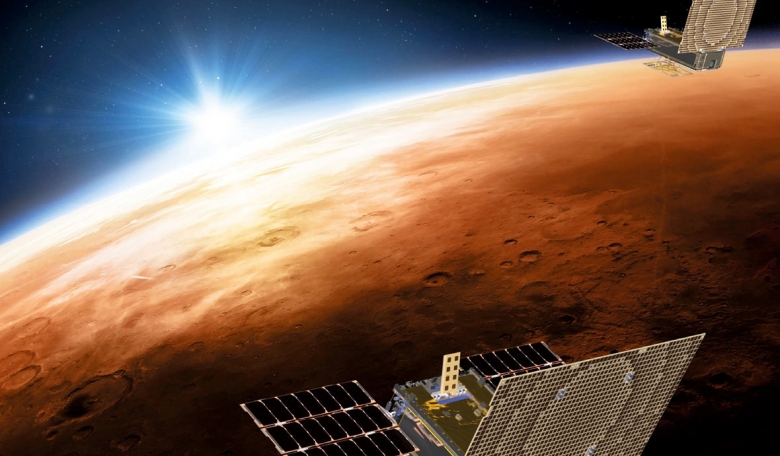 Artist’s impression of the Mars Cube One (MarCO) satellites over Mars.