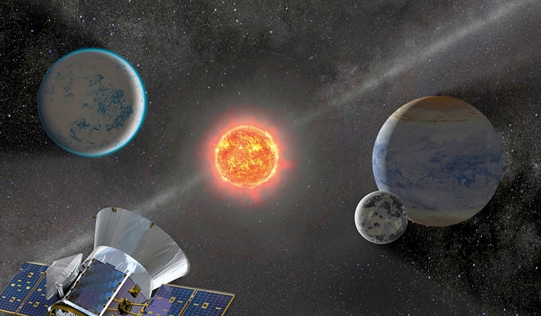 Illustrative view of TESS observing an M dwarf star with orbiting planets.
