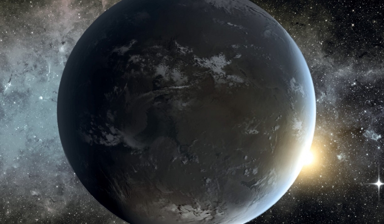 Artist’s concept of Kepler-62f, a super-Earth-size exoplanet located about 1,200 light-years from Earth in the constellation Lyra. The planet could be a rocky world with water, and potentially habitable.