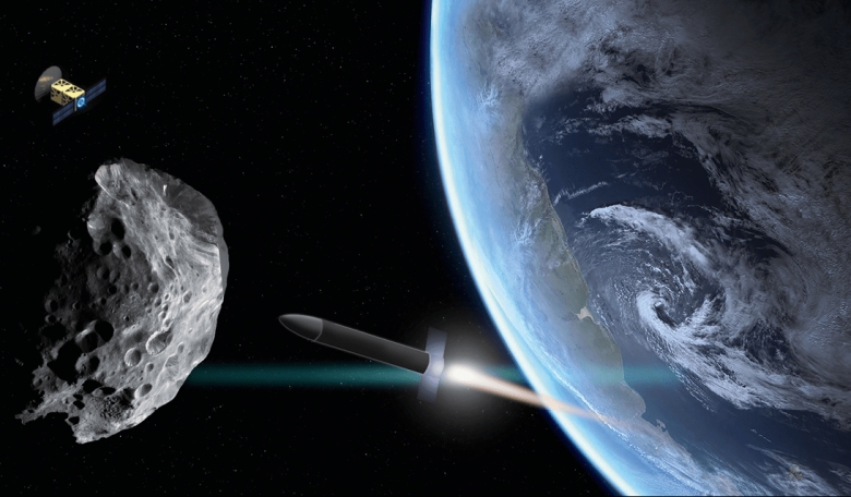 A rocket approaching an asteroid that has drifted close to Earth. A scout probe orbits nearby.
