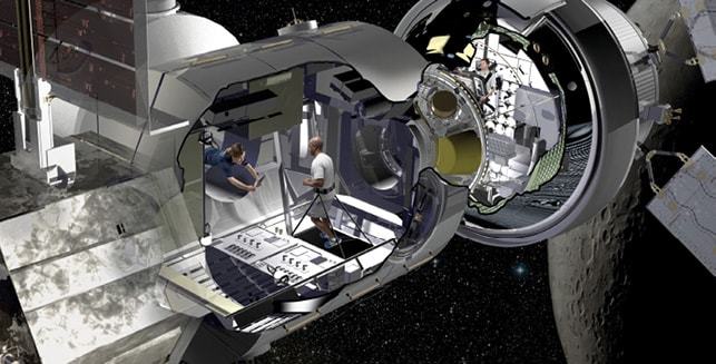 Living quarters concept for deep space missions of 30 to 60 days accommodating four crew members.