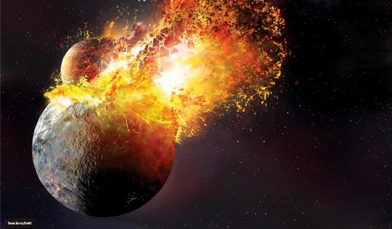 A catastrophic collision between the proto-Earth and Theia rips the two planetary bodies apart.