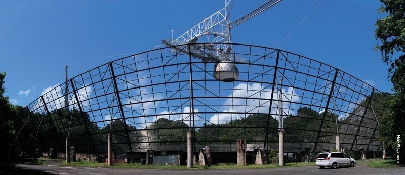 The 16 m tall ‘ground screen’ that surrounds the Arecibo telescope..
