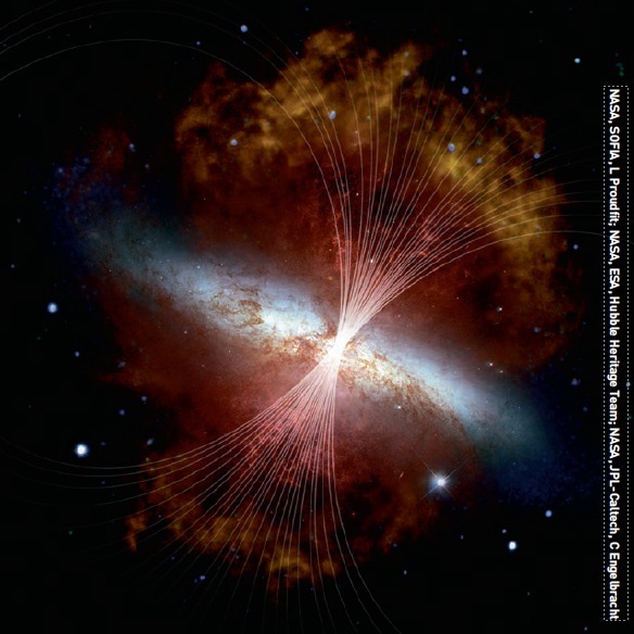 Magnetic fields lines in Messier 82 overlaid on a visible and infrared composite image