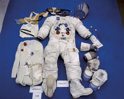 Neil Armstrong’s Apollo 11 spacesuit displayed on a table top before the mission was flown.