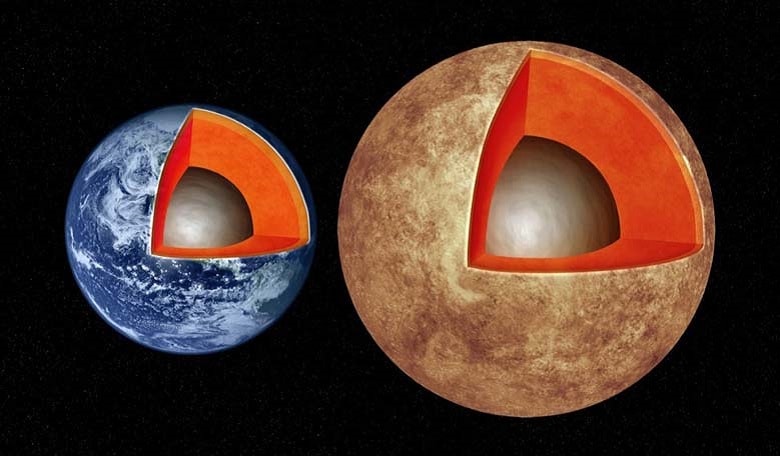 This artist's illustration compares the interior structures of Earth (left) with the exoplanet Kepler-93b (right), which is one and a half times the size of Earth and 4 times as massive.