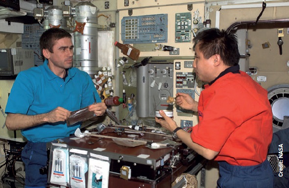 Expedition 7 Commander Yuri Malenchenko (left) and Science Officer Ed Lu pictured in the ISS galley, with utensil packs attached to the table and floating condiment bottles.