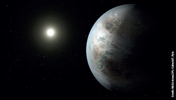 This artist’s impression depicts one possible appearance of the planet Kepler-452b, the first near-Earth-size world to be found in the habitable zone of a star that is similar to our Sun.