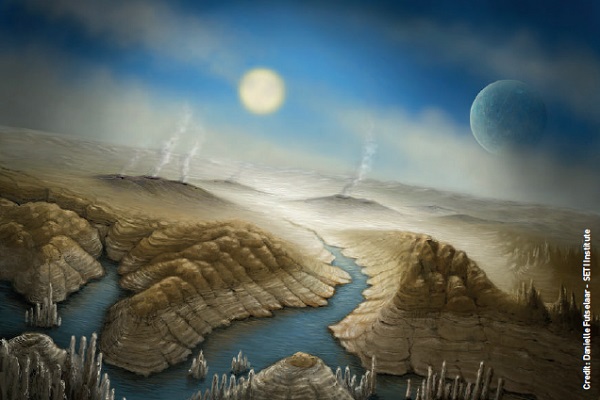 An artist’s impression of the surface of Kepler-452b. With a radius 60% larger than Earth, the planet has a better than even chance of having a rocky composition, and is likely to have a thick atmosphere and a significant amount of water.