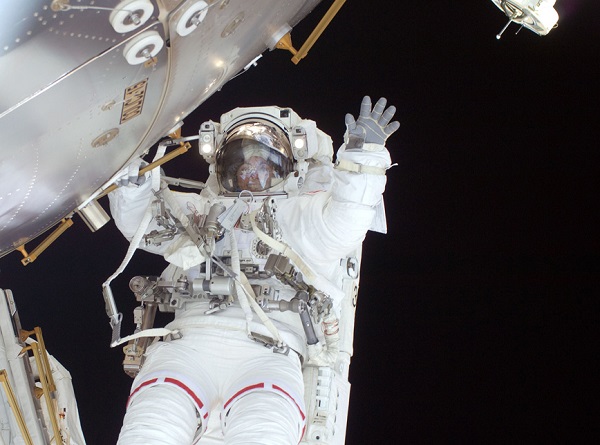 Nicole Stott during her EVA in 2009 on the STS-128 Space Shuttle mission in support of assembly of the International Space Station