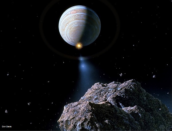 Artist’s depiction of the train of fragments of comet Shoemaker-Levy 9 during its impact with Jupiter
