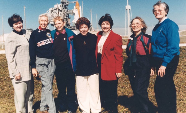 Surviving members of the original Mercury 13 on a Kennedy Space Center visit to witness a Space Shuttle launch - though they were not given the chance to become astronauts and the United States would not launch a woman into space until 1983, these women proved women were physically and mentally qualified for space travel.
