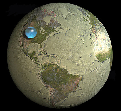 The volume of Earth’s water in comparison to the volume of the world