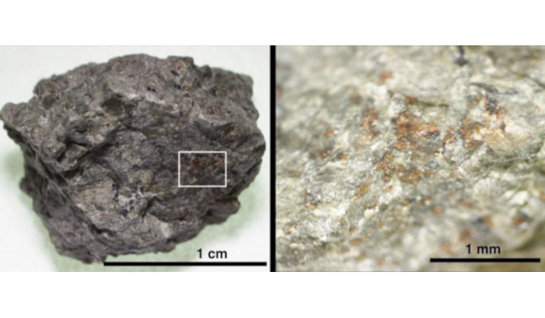 A rock fragment of Martian meteorite ALH 84001 (left). An enlarged area (right) shows the orange-coloured carbonate grains on the host orthopyroxene rock. Image: Koike et al. (2020) Nature Communications
