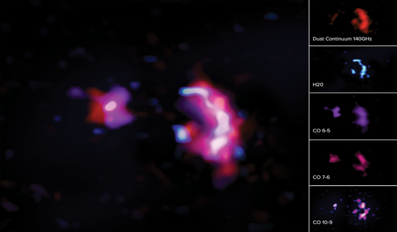 These science images show the molecular lines and dust continuum seen in ALMA observations of the pair of early massive galaxies known as SPT0311-58. For more details, see https://www.almaobservatory.org. Image: ALMA