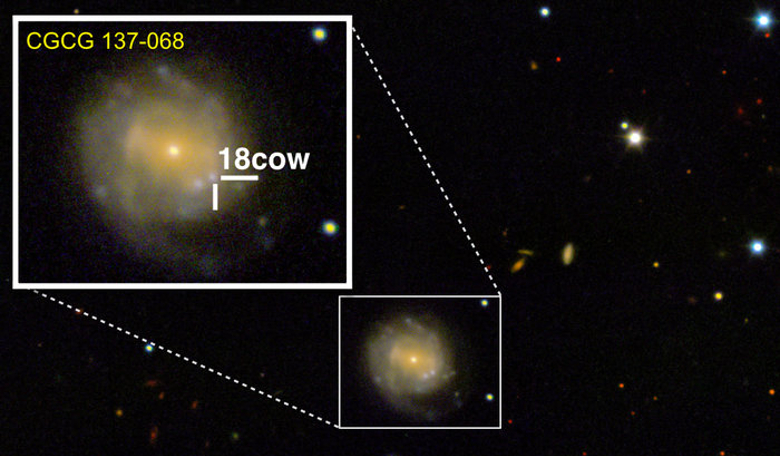 An image of supernova explosion AT2018cow and its host galaxy, CGCG 137-068, which is located some 200 million light years away. The image was obtained on 17 August 2018 using DEIMOS on the Keck Observatory. Image: R. Margutti/W. M. Keck Observatory