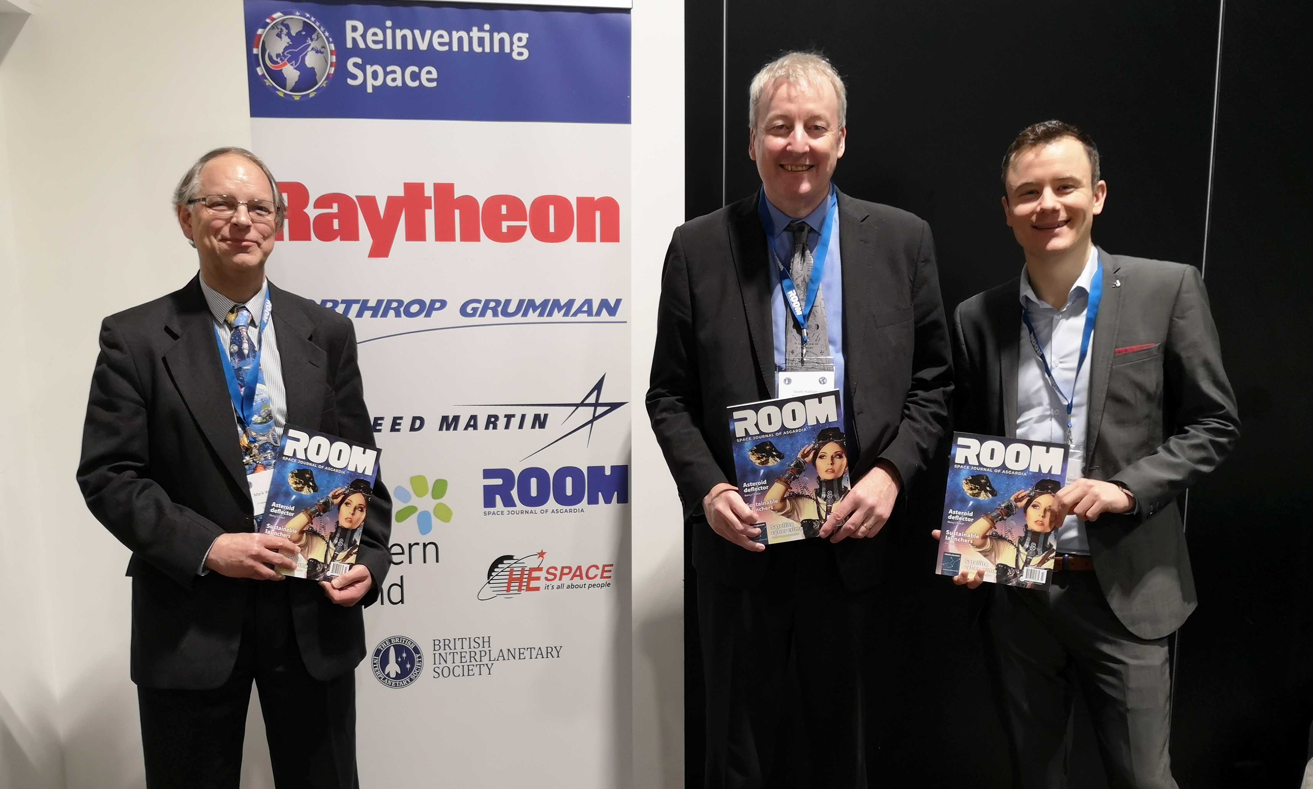AstroAgency’s Daniel Smith (right) pictured with writer Scott Hatton (centre) and ROOM editor Mark Williamson at the 2019 Reinventing Space Conference.