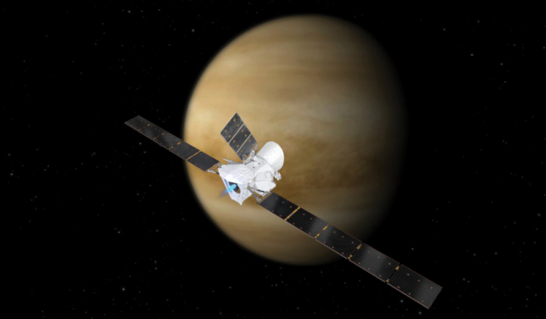 An artists rendering of ESA's and JAXA's BepiColombo mission in orbit around Venus; the first of two flybys will occur on 15 October, 2020. Image: ESA