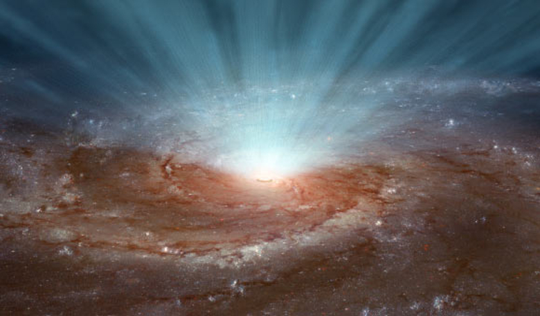 A supermassive black hole blasting out radiation. Image credit: NASA / JPL-Caltech