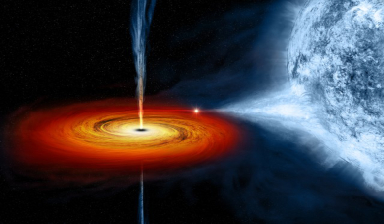 Artist's impression of a black hole stripping gas from a blue companion star at the right of the image. Image: NASA/CXC/M.Weiss