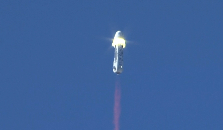 Moment of crew capsule separation during the October 5 test flight. Credit: Blue Origin