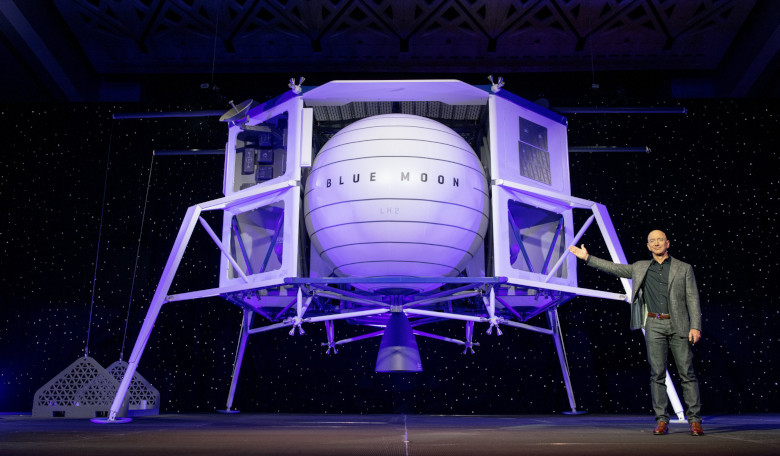 Jeff Bezos shows off a mock-up of his Blue Moon lander at a press conference yesterday and vows it will reach the lunar surface by 2024. Image: Blue Origin