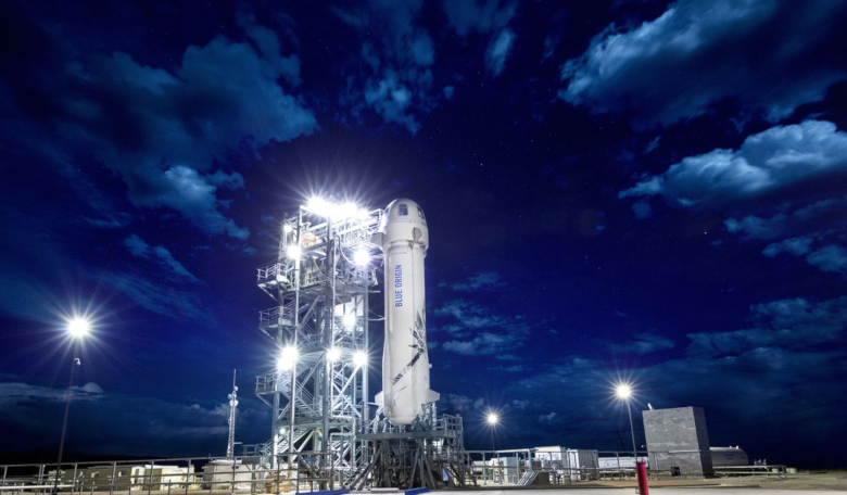 Blue Origin's New Shepard rocket on the launchpad at the company’s West Texas facility. 
