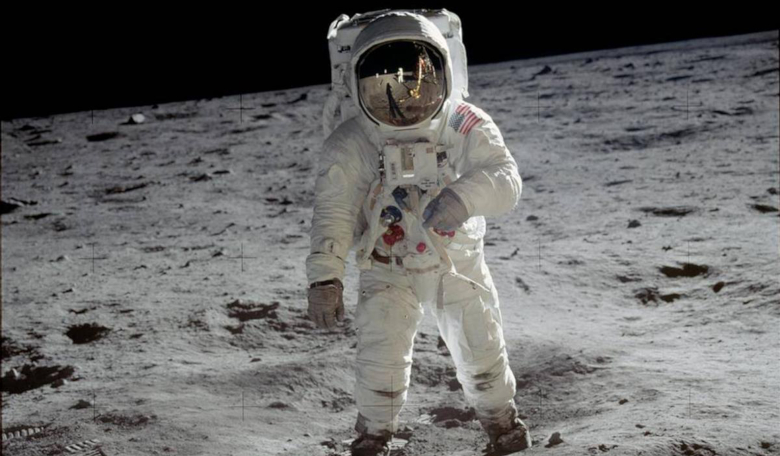 Buzz Aldrin on the Moon. Fellow astronaut Neil Armstrong, who is taking the photograph, can be seen in his helmet. Image: NASA