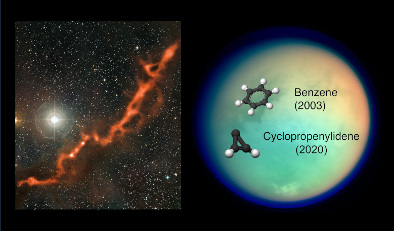 Up until now C3H2 has only been detected in molecular clouds of gas and dust, such as the Taurus Molecular Cloud (left) but has now been found in the atmosphere of Titan by scientists using ALMA. Image: Conor Nixon/NASA's Goddard Space Flight Center