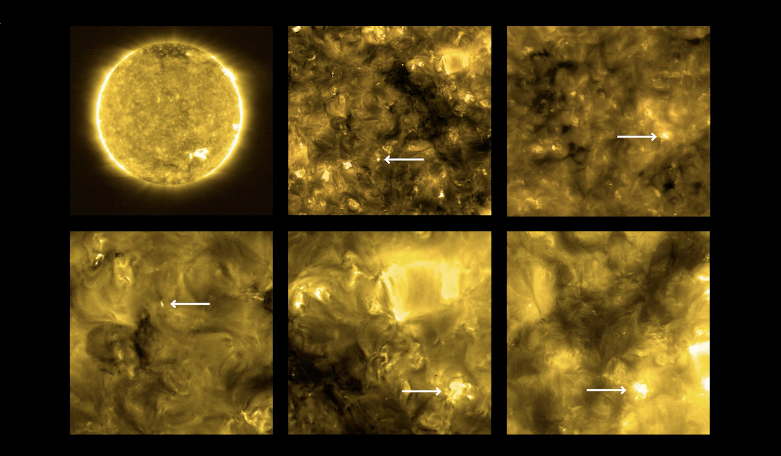 The new high-resolution images from Solar Orbiter shows 'campfires' on the Sun. Locations of campfires are annotated with white arrows. Image: Solar Orbiter/EUI Team (ESA & NASA); CSL, IAS, MPS, PMOD/WRC, ROB, UCL/MSSL